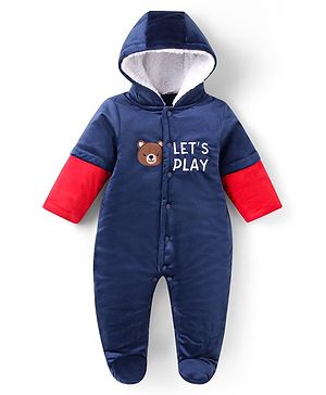 Babyhug Velour Woven Full Sleeves Winter Wear Front Open Footed Hooded Romper with Text Embroidery & Bear Patch - Navy Blue