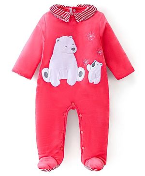 Babyhug Woven Full Sleeves Winter Wear Footed Romper With Polar Bear Embroidery - Red