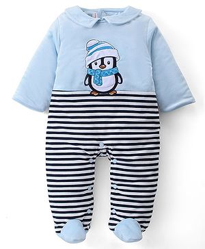 Babyhug Velour Woven Full Sleeves Winter Wear Footed Striped Romper with Penguin Embroidery - Blue