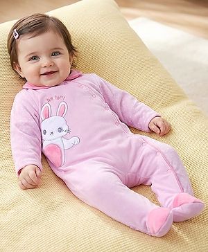 Babyhug Velour Woven Full Sleeves Footed Front Open Winter Wear  Romper with Bunny Patch - Pink