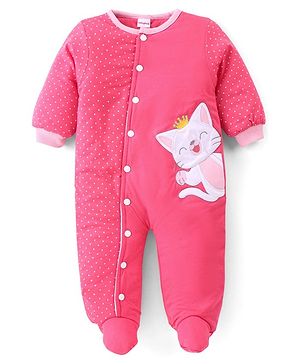 Babyhug Woven Full Sleeves Winter Wear Footed Romper with Polka Dots Print & Kitten Patch - Pink