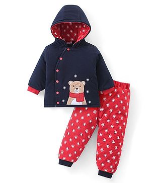 Babyhug Velour Woven Full Sleeves Hooded Winter Wear Suit With Bear Applique - Navy & Red