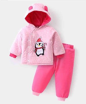 Babyhug Full Sleeves Hooded Winter Wear Suit With Cute Penguin Embroidery - Pink