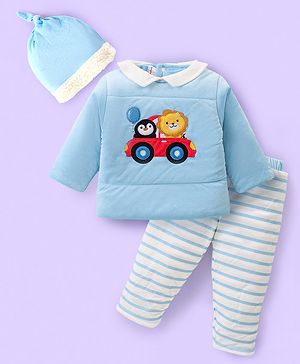 Babyhug Velour Woven Full Sleeves Winter Wear Suit With Animals Patch & Cap - Sky Blue
