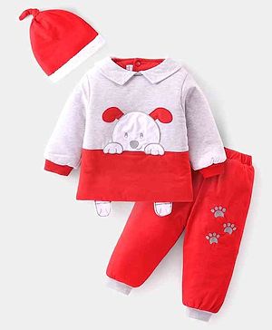 Babyhug Full Sleeves Winter Wear Suit With Cap & 3D Applique - Grey & Red