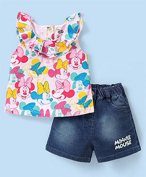 Babyhug Disney Single Jersey Knit Frill Sleeves Top & Denim Shorts Set With Minnie Mouse Print - White & Blue