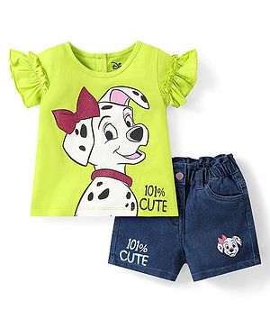 Babyhug Disney Single Jersey Knit Frill Sleeves Top & Shorts Set with 101 Dalmatians Graphics - Green