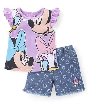Babyhug Disney Cotton Knit Frill Sleeves Top & Denim Shorts Set With Minnie Mouse Graphic - Purple