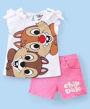 Babyhug Disney Single Jersey Knit Half Sleeves Top &  Shorts Set with Chip n Dale Print - White & Pink