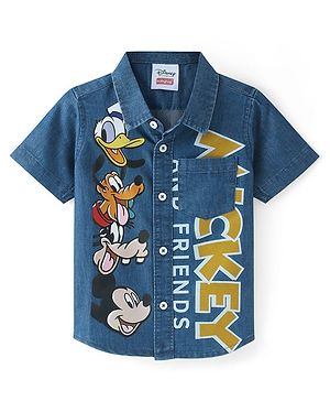 Babyhug Disney Denim Woven Half Sleeve Shirt With Mickey Mouse Graphics - Navy Blue