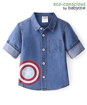 Babyoye Marvel Cotton Woven Full Sleeves  Solid Shirt with Avenger  Print - Blue