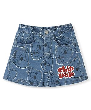 Babyhug Disney Cotton Denim Knee Length Skirt With Chip'n Dale Graphics - Blue