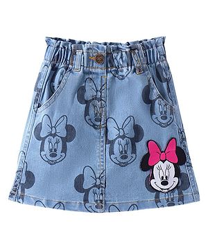 Babyhug Disney Cotton Denim Skirt With Minnie Mouse Graphics - Blue