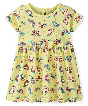 Doodle Poodle 100% Cotton Knit Half Sleeves Frock with Rainbow Print - Yellow