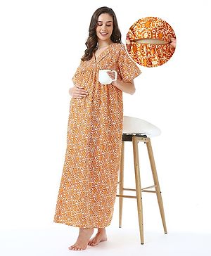 Bella Mama Cotton Woven Half Sleeves Ajrakh Printed Maternity Nursing Nighty - Mustard Yellow