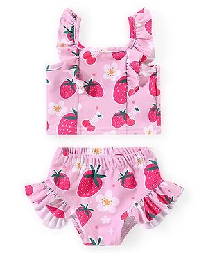 Babyhug Water Repellant Sleeveless Two Piece Swimsuit with Frill Detailing Strawberry Print - Pink