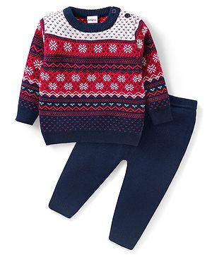 Babyhug Knit Full Sleeves Sweater & Pant Set Floral Design - Red & Navy Blue