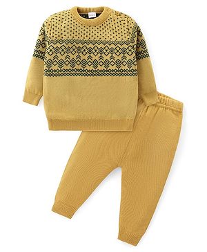 Babyhug Knit Full Sleeves Sweater Set with Aztec Design - Yellow