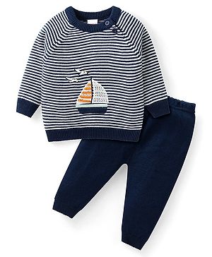 Babyhug Knit Full Sleeves Striped Sweater Set with Boat Design - Navy Blue