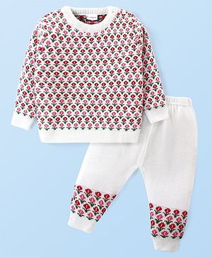 Babyhug Knitted Full Sleeves Pullover Sweater Set with Floral Design - Pink