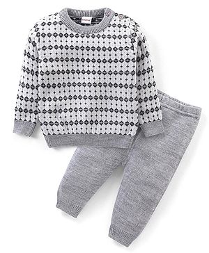 Babyhug Knitted Full Sleeves Pullover Sweater & Pant Set with Aztec Design - Grey