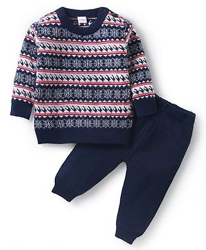 Babyhug Knit Full Sleeves Pullover Sweater & Pant Set Intarsia Design - Navy Blue