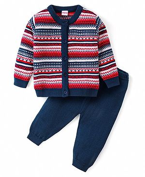 Babyhug Knit Full Sleeves Front Open Sweater Set with Aztec Design - Red & Navy Blue