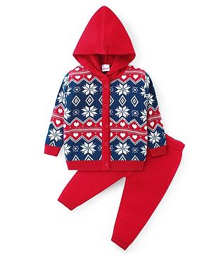 Babyhug Knit Full Sleeves Hooded Front Open Sweater Set Floral Design - Red & Blue