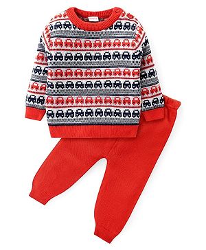 Babyhug Knitted Full Sleeves Pullover Sweater Set with Cars Design - Red