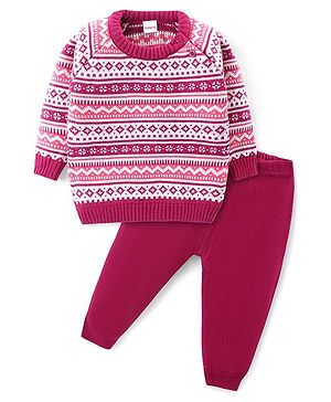 Babyhug Knitted Full Sleeves Pullover Sweater Set with Aztec Design - Pink