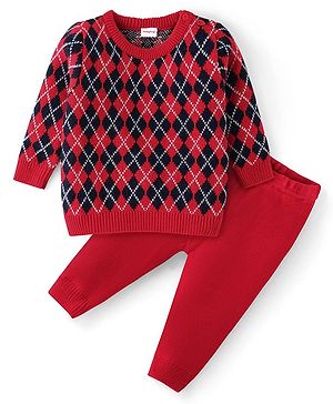 Babyhug Knit Full Sleeves Pullover Sweater & Pant Set  Argyle Design - Red