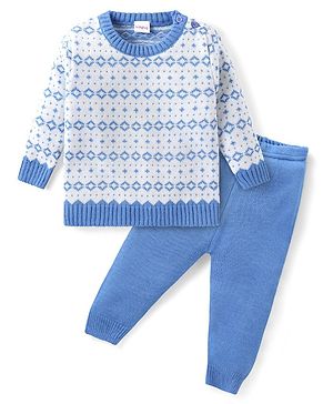 Babyhug Knitted Full Sleeves Pullover Sweater & Pant Set with Aztec Design - Blue