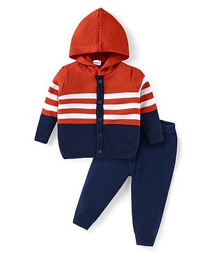 Babyhug Knitted Full Sleeves Front Open Hooded Sweater Set With Stripes - Orange White & Navy Blue