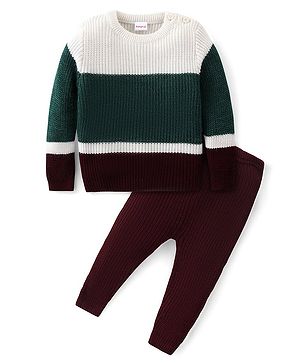 Babyhug Knitted Full Sleeves Pullover Sweater Set with Colour Block Design - Green White &  Maroon