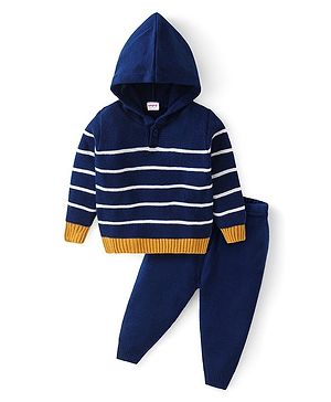 Babyhug Knitted Full Sleeves Striped Hooded Sweater Set - Navy Blue White & Yellow