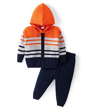 Babyhug Knitted Full Sleeves Striped Hooded Front Open Sweater Set - Navy Blue Grey & Orange