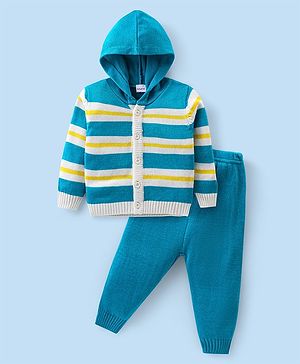 Babyhug Knitted Full Sleeves Striped Hooded Sweater Set - Blue & Yellow