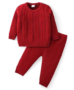 Babyhug Knit Full Sleeves Sweater Set with Cable Knit Design - Rust