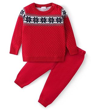 Babyhug Knitted Full Sleeves Sweater Set with Floral Design - Red