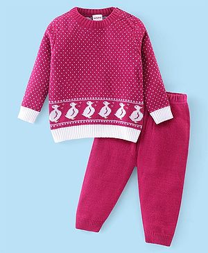Babyhug Knitted Full Sleeves Sweater Set with Duck Design - Pink