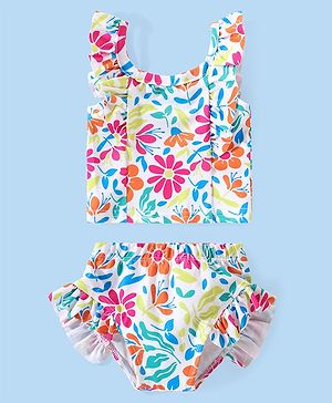 Babyhug Water Repellant Sleeveless Two Piece Swimsuit with Frill Detailing Floral Print -Pink
