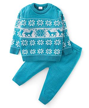 Babyhug Knit Full Sleeves Sweater Set with Aztec & Reindeer Design - Blue