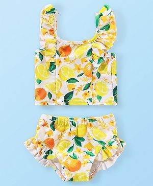 Babyhug Water Repellant Sleeveless Two Piece Swimsuit with Frill Detailing Fruits Print - Yellow