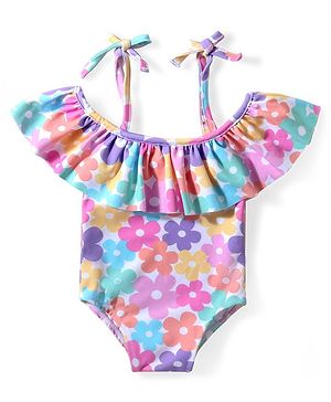 Babyhug Water Repellant Sleeveless Floral Printed  V Cut Swimsuit - Multicolor