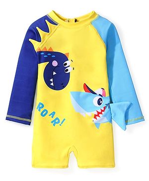 Babyhug Full  Sleeves Water Repellent Legged Swimsuit with Dino Print - Yellow