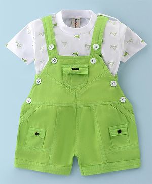 Dapper Dudes Embosis Hosiery Solid Dungaree With Half Sleeves Animal Printed Tee - Parrot Green