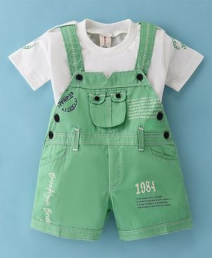 Dapper Dudes Embosis Hosiery Typography Printed Dungaree With Half Sleeves Tee - Green