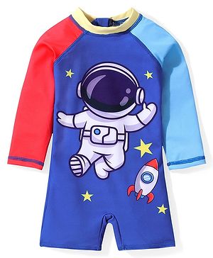 Babyhug Full Sleeves Water Repellent Legged Swimsuit with Astronaut Print - Blue