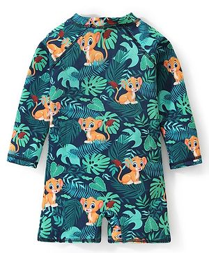Babyhug Water Repellant Full Sleeves Legged Swimsuit Leaves Print - Navy Blue
