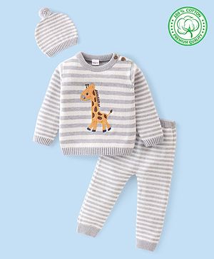 Babyhug Organic Cotton Knit Full Sleeves Striped Sweater Set & Cap with Giraffe Design - Grey & White